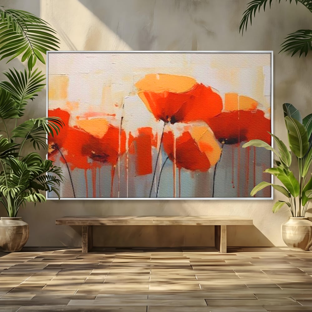 Tablou canvas cu tablou canvas cu maci in ulei, in rama de aluminiu argintiu